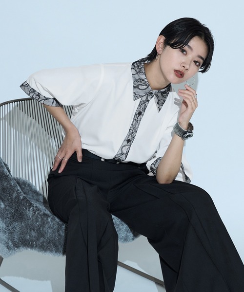 ブラウス シャツ レースドッキングシャツ/SS レディース Ellno de Mavie ブラウス シャツ レースドッキングシャツ/SS