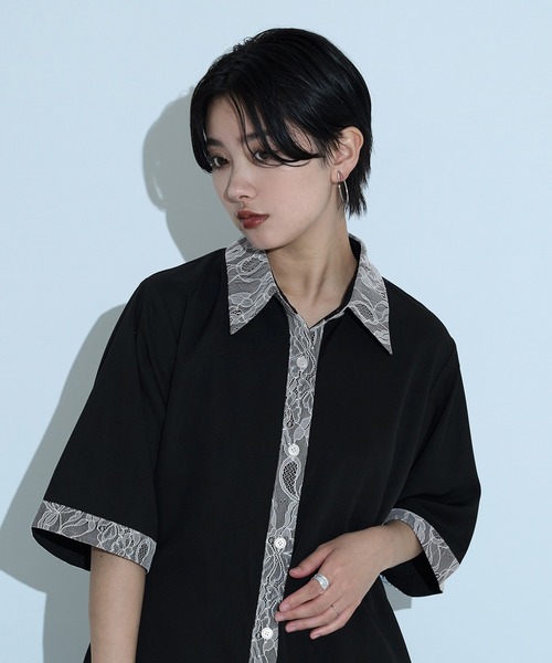 ブラウス シャツ レースドッキングシャツ/SS レディース Ellno de Mavie ブラウス シャツ レースドッキングシャツ/SS