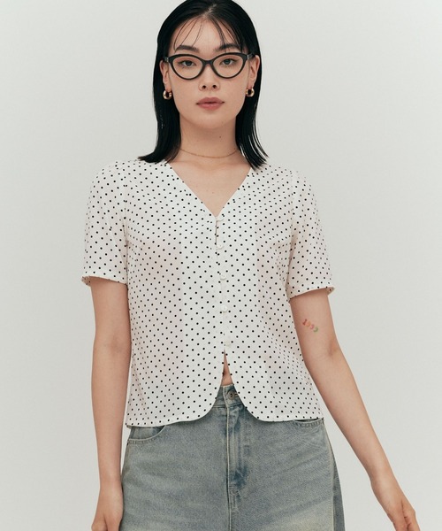 theory luxe ドット柄 半袖ブラウス YOOU ブラウス シャツ 夏 半袖 ドットブラウス／総柄デザイン × V