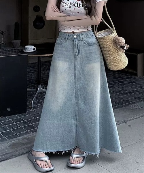 FREE STYLISTS デニムスカート 裾フリンジロングデニムスカート