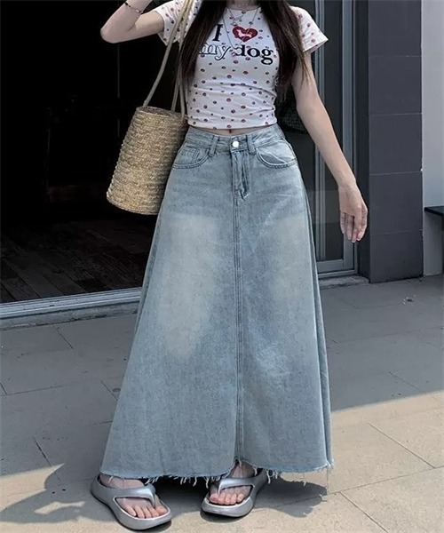 FREE STYLISTS デニムスカート 裾フリンジロングデニムスカート