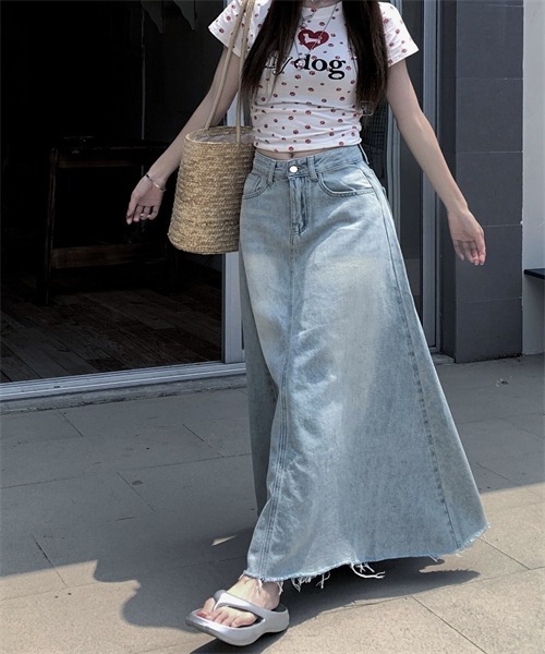 FREE STYLISTS デニムスカート 裾フリンジロングデニムスカート
