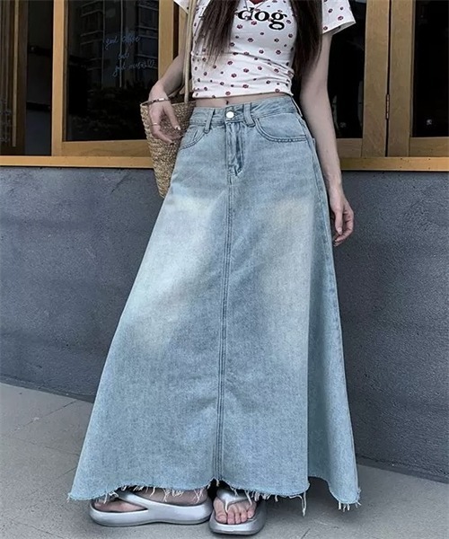 FREE STYLISTS デニムスカート 裾フリンジロングデニムスカート