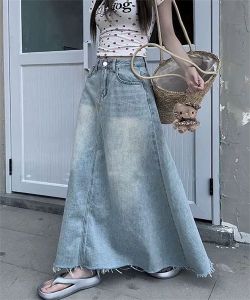 FREE STYLISTS デニムスカート 裾フリンジロングデニムスカート