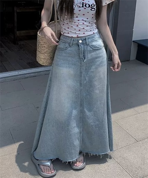 FREE STYLISTS デニムスカート 裾フリンジロングデニムスカート