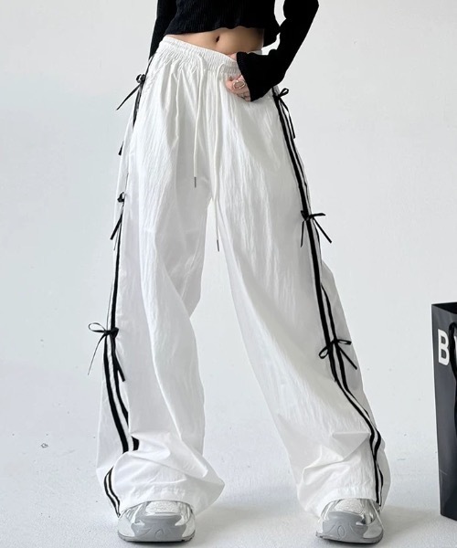 FUNdaysion スラックス パンツ ラインリボンデザインパンツ レディース