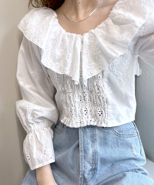 トップス　ホワイト　新品　F フォロー割引-200円 ピンクピンクピンク PINK PINK PINK コットン100％胸元レース