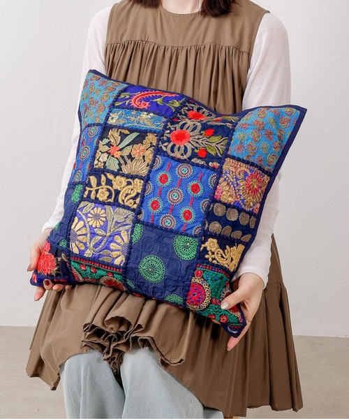 クッション クッションカバー 刺繍 サリーパッチワーク インド