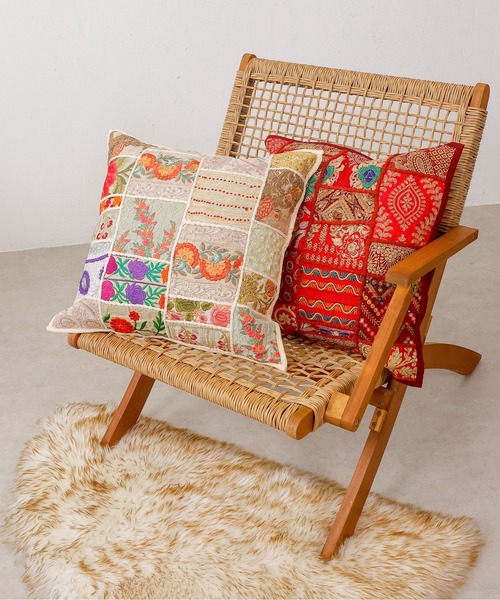 クッション クッションカバー 刺繍 サリーパッチワーク インド