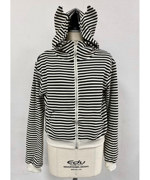 LADY LIKE パーカー 「秋冬新作」白黒ボーダー猫耳フード付き