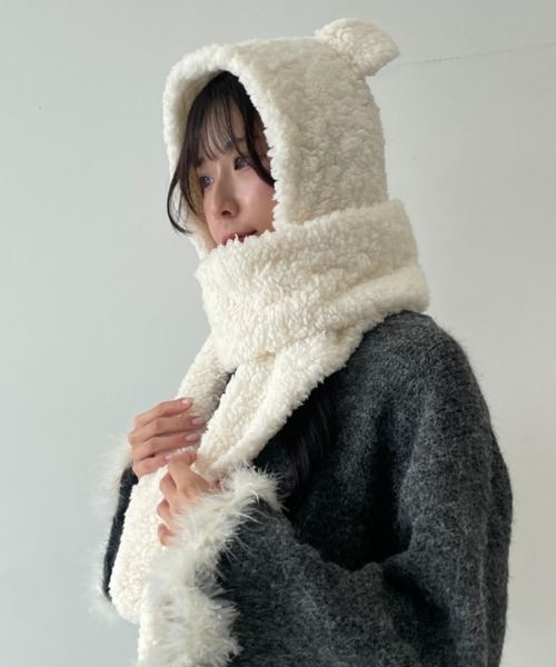 キャップ 帽子 クマ耳付き ミトンデザイン もこもこ ボアマフラー