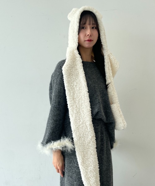キャップ 帽子 クマ耳付き ミトンデザイン もこもこ ボアマフラー