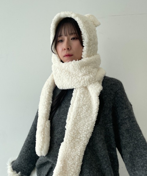 キャップ 帽子 クマ耳付き ミトンデザイン もこもこ ボアマフラー