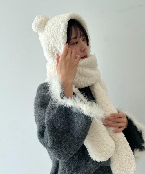 キャップ 帽子 クマ耳付き ミトンデザイン もこもこ ボアマフラー