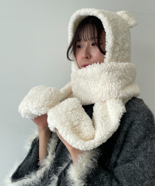 キャップ 帽子 クマ耳付き ミトンデザイン もこもこ ボアマフラー