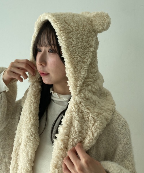 キャップ 帽子 クマ耳付き ミトンデザイン もこもこ ボアマフラー