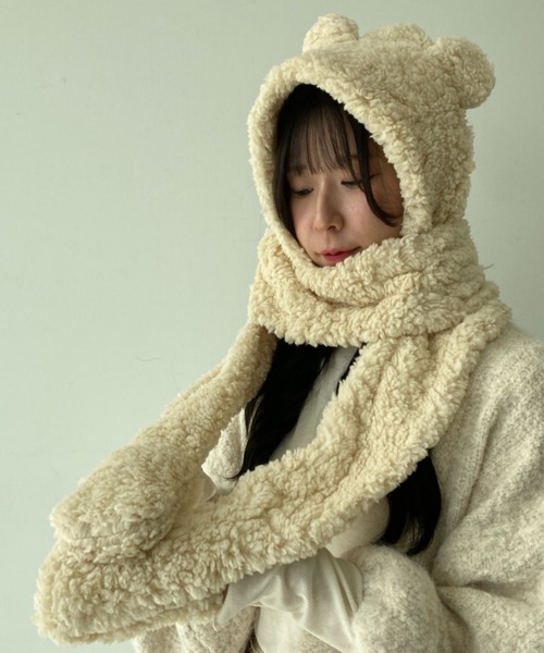 キャップ 帽子 クマ耳付き ミトンデザイン もこもこ ボアマフラー