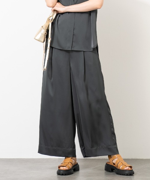 パンツ とろみサテンワイドパンツ｜ダブルサテン 美シルエット フレア