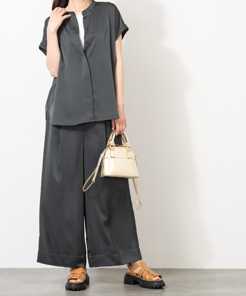 パンツ とろみサテンワイドパンツ｜ダブルサテン 美シルエット フレア