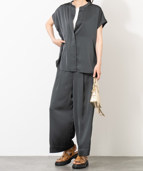 パンツ とろみサテンワイドパンツ｜ダブルサテン 美シルエット フレア