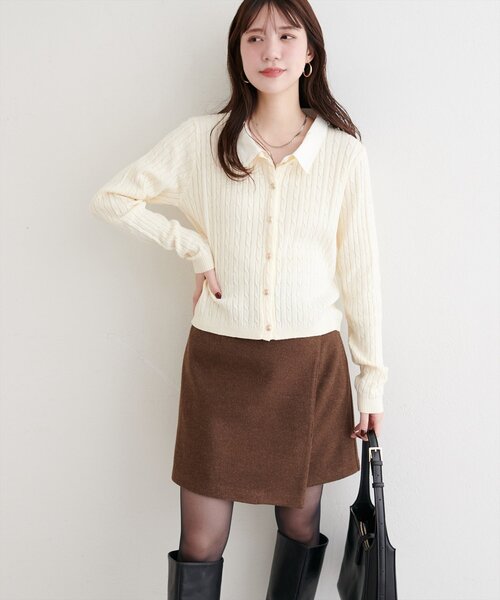 natural couture カーディガン レイヤード風衿付きケーブル