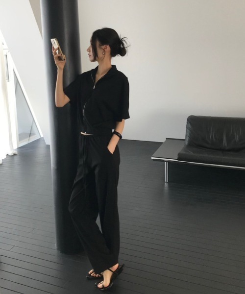 セットアップ 襟付きジップ付きトップスリボンパンツセットアップ レディース