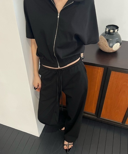 セットアップ 襟付きジップ付きトップスリボンパンツセットアップ レディース