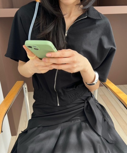 セットアップ 襟付きジップ付きトップスリボンパンツセットアップ レディース