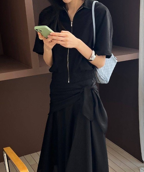 セットアップ 襟付きジップ付きトップスリボンパンツセットアップ レディース