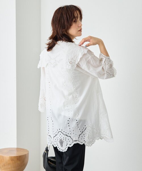 ブラウス シャツ 予約「a Nice」「インド綿」カットワークレースシャツ レディースの画像