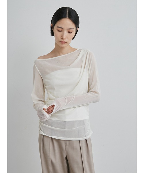 MIESROHE tシャツ ワンショルドレープフロッキーチュールTOPS
