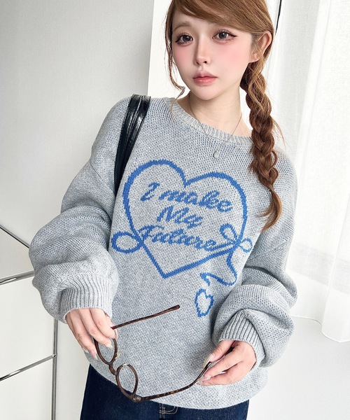 ALBEROBELLO 新品未使用　ジャガード半袖ニット 青 M 日本製 moment+ ニット セーター 6Gハートロゴジャガードニットプルオーバー