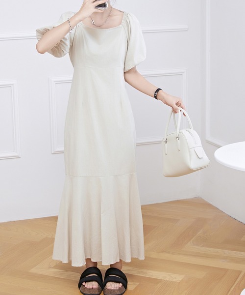 Lace Ladies ワンピース バックレースアップ パフスリーブ