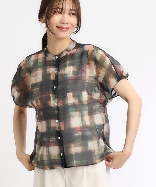 ブラウス シャツ 「SALE／接触冷感／マシンウォッシュ可／セットアップ可能」シアーチェックブラウス レディース