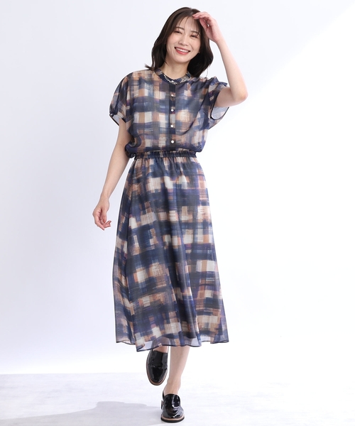 ブラウス シャツ 「SALE／接触冷感／マシンウォッシュ可／セットアップ可能」シアーチェックブラウス レディース Reflect ブラウス シャツ 「SALE／接触冷感／マシンウォッシュ可