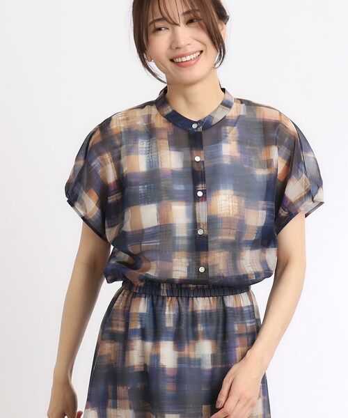ブラウス シャツ 「SALE／接触冷感／マシンウォッシュ可／セットアップ可能」シアーチェックブラウス レディース Reflect ブラウス シャツ 「SALE／接触冷感／マシンウォッシュ可