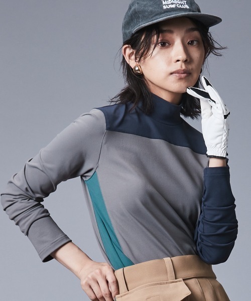 大きいサイズ レディース トップス 配色ブロッキングハイネックカットソープルオーバー シックスタイルゴルフ対応 CHIC STYLE tシャツ 配色ハイネックカットソープルオーバー