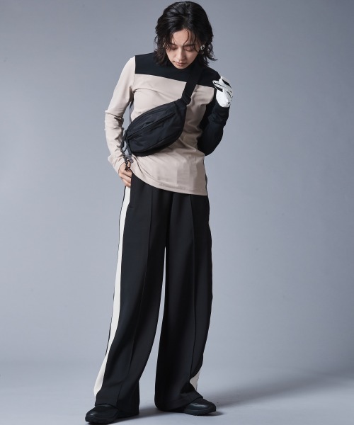 大きいサイズ レディース トップス 配色ブロッキングハイネックカットソープルオーバー シックスタイルゴルフ対応 CHIC STYLE tシャツ 配色ハイネックカットソープルオーバー