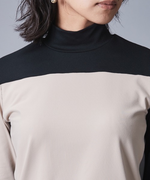 大きいサイズ レディース トップス 配色ブロッキングハイネックカットソープルオーバー シックスタイルゴルフ対応 CHIC STYLE tシャツ 配色ハイネックカットソープルオーバー