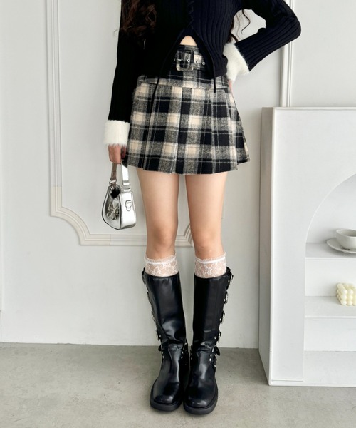 Loueme スカート ベルト付きウールライクプリーツミニスカパン