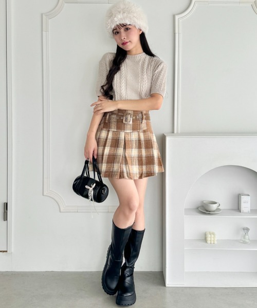 Loueme スカート ベルト付きウールライクプリーツミニスカパン Loueme スカート ベルト付きウールライクプリーツミニスカパン