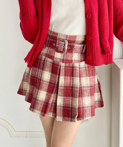 Loueme スカート ベルト付きウールライクプリーツミニスカパン Loueme スカート ベルト付きウールライクプリーツミニスカパン