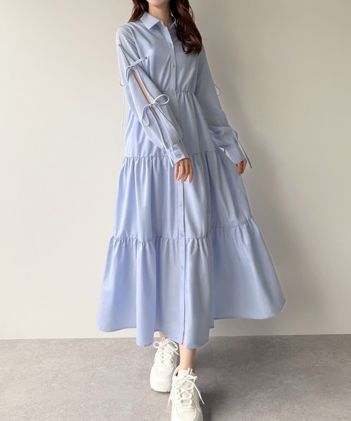 まつ♡きさん専用　ラインリブシャツワンピース ティアードドレス グレー 長袖 mipiarl シャツワンピース 袖リボンティアードシャツワンピース