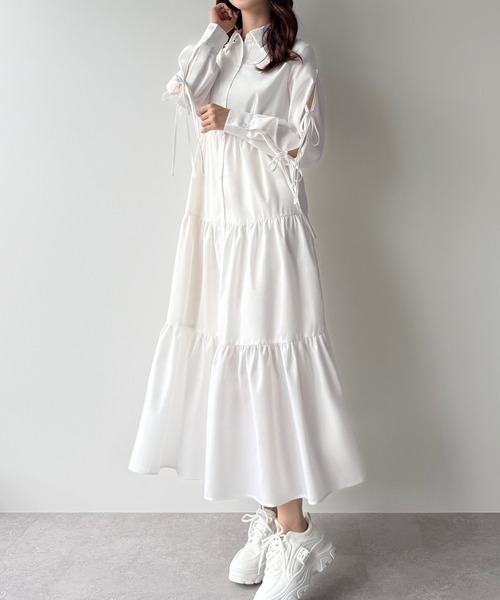 mipiarl シャツワンピース 袖リボンティアードシャツワンピース