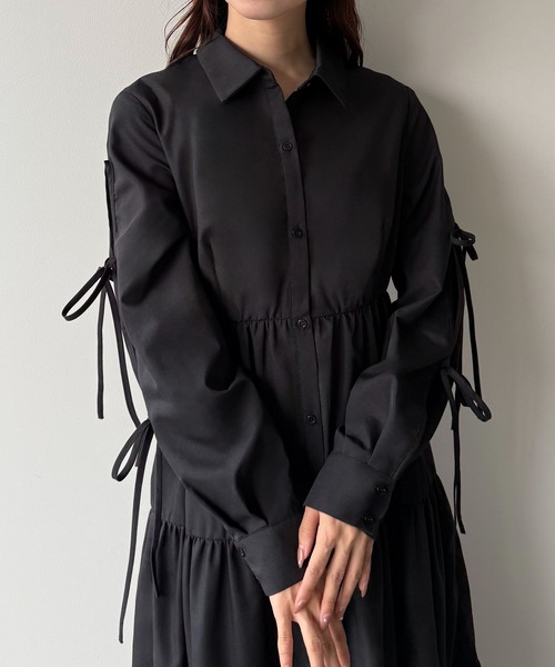 mipiarl シャツワンピース 袖リボンティアードシャツワンピース