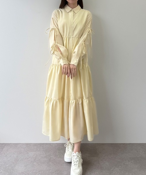 mipiarl シャツワンピース 袖リボンティアードシャツワンピース「一部