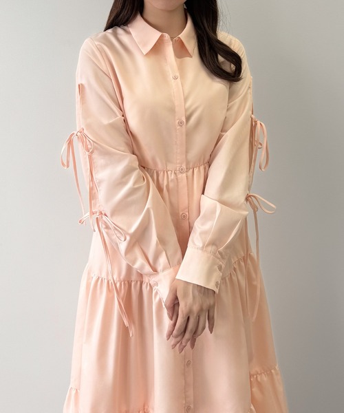 mipiarl シャツワンピース 袖リボンティアードシャツワンピース「一部