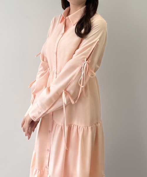 mipiarl シャツワンピース 袖リボンティアードシャツワンピース