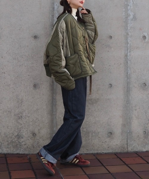 ジャケット ノーカラージャケット nylon switching two-tone jacket