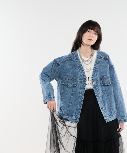shellerシェリエノーカラーフリンジデニムジャット shellerノーカラーフリンジデニムジャケット